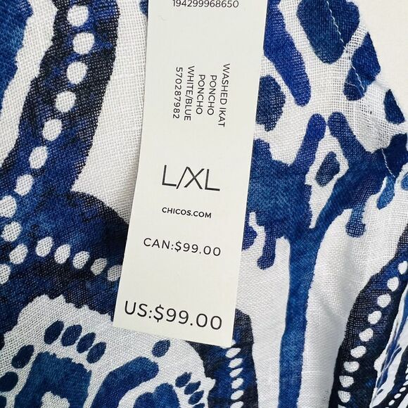 Chico’s L/XL IKAT Print 100% Linen Poncho Boxy Top Blue White Lagenlook NWT 0777 - Picture 6 of 12